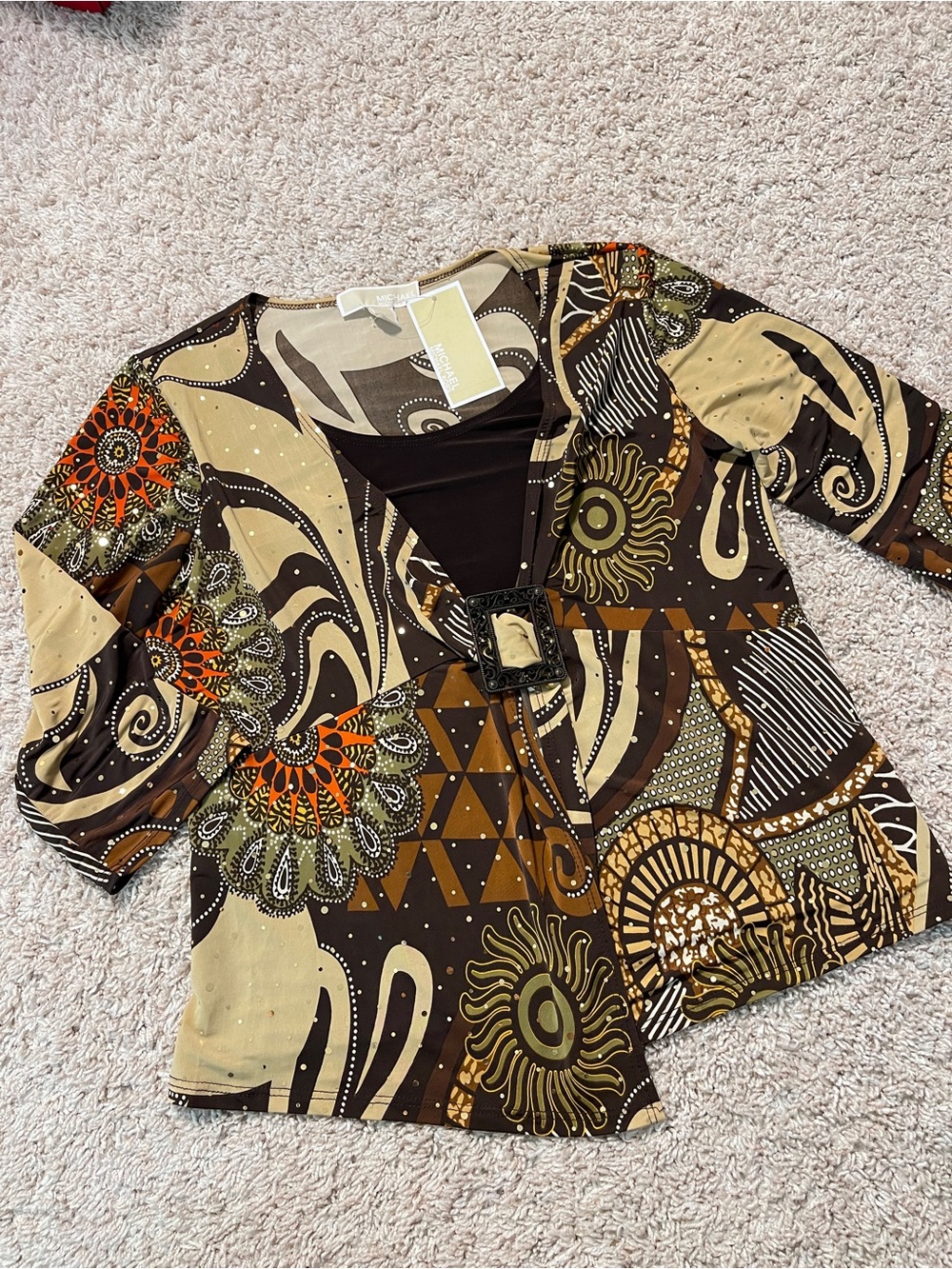 Y2K Michael Kors blouse vibrant geometric pattern distinctive decorative buckle